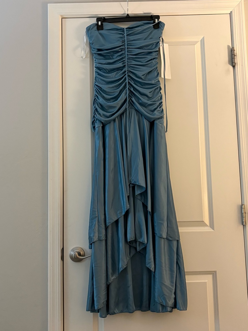 NWT Strapless Ruched Blue Cascade Evening Dress - Picture 1 of 12